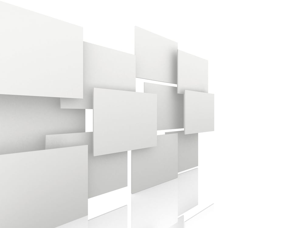 3d overlapping rectangles isolated over a white background - side view