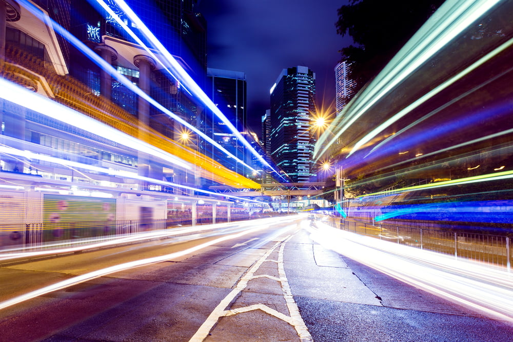 Busy traffic in Hong Kong city at night