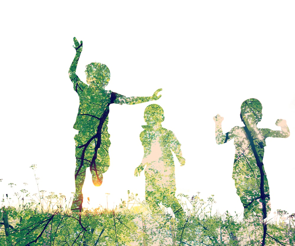 Children running on meadow at sunset-2