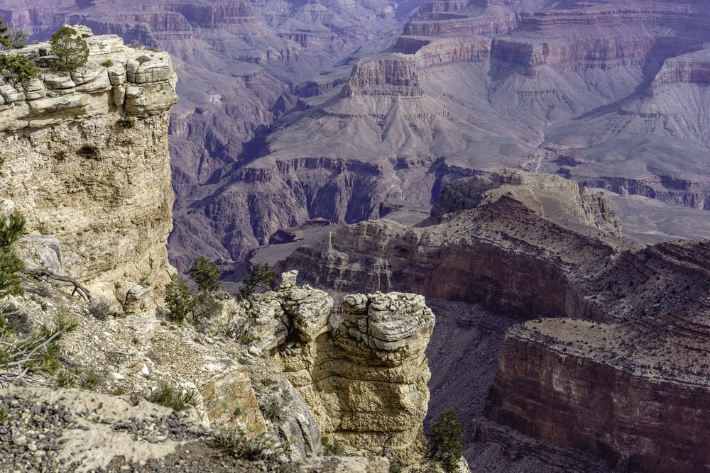 Grand Canyon grandeur Craggy outcropping with sparse vegetation, including junipers, with cliffs and gorges beyond, as seen from the South Rim on a March morning (no hikers or tourists in sight)