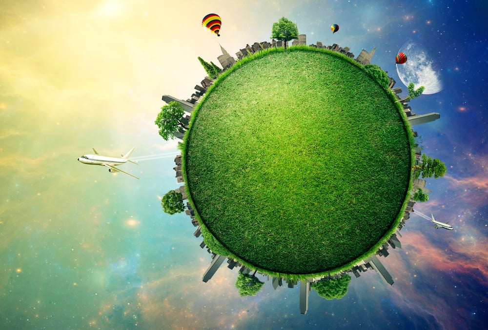 Green planet earth covered with grass city skyline. Sustainable source of electricity, power supply concept. Eco environmentally friendly technology approach. Elements of this image furnished by NASA
