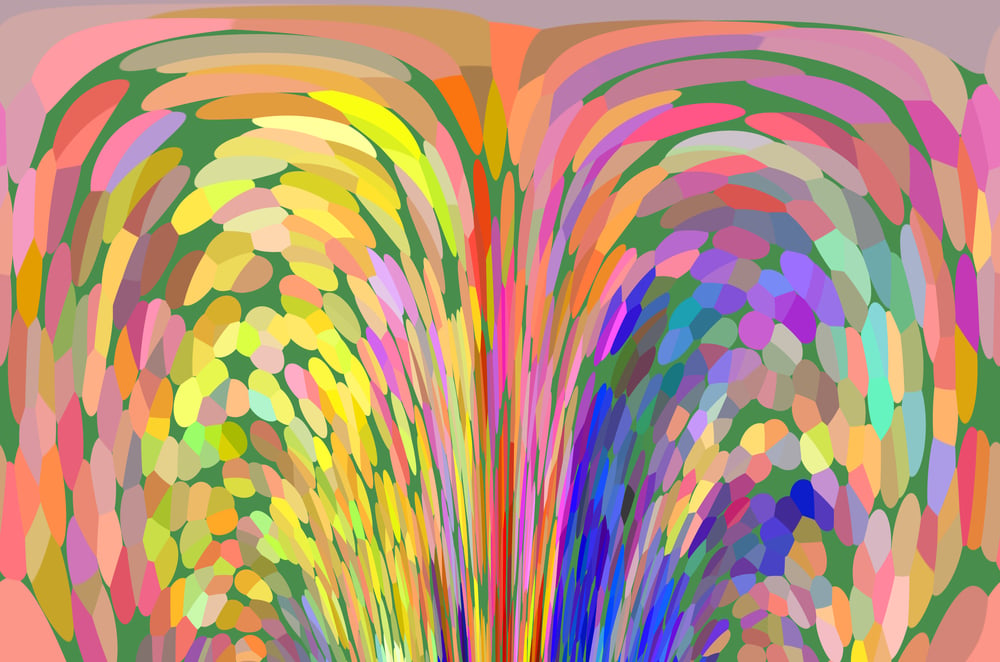 Impressionistic abstract of a multicolored fountain for themes of duality, eruption, and display