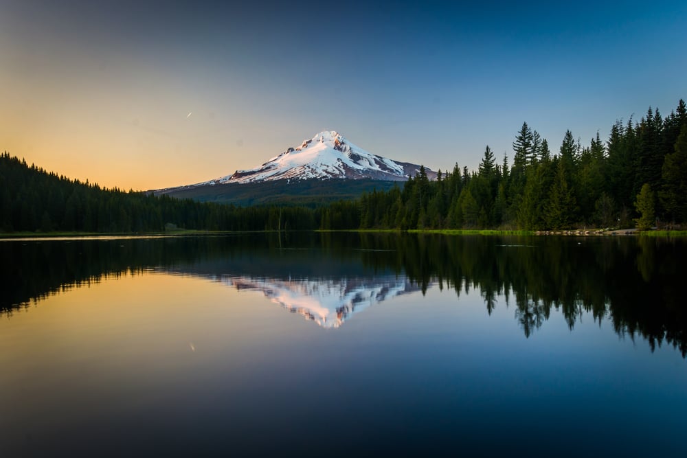 Mount Hood reflecting in Trillium Lake at sunset, in Mount Hood National Forest, Oregon.-1