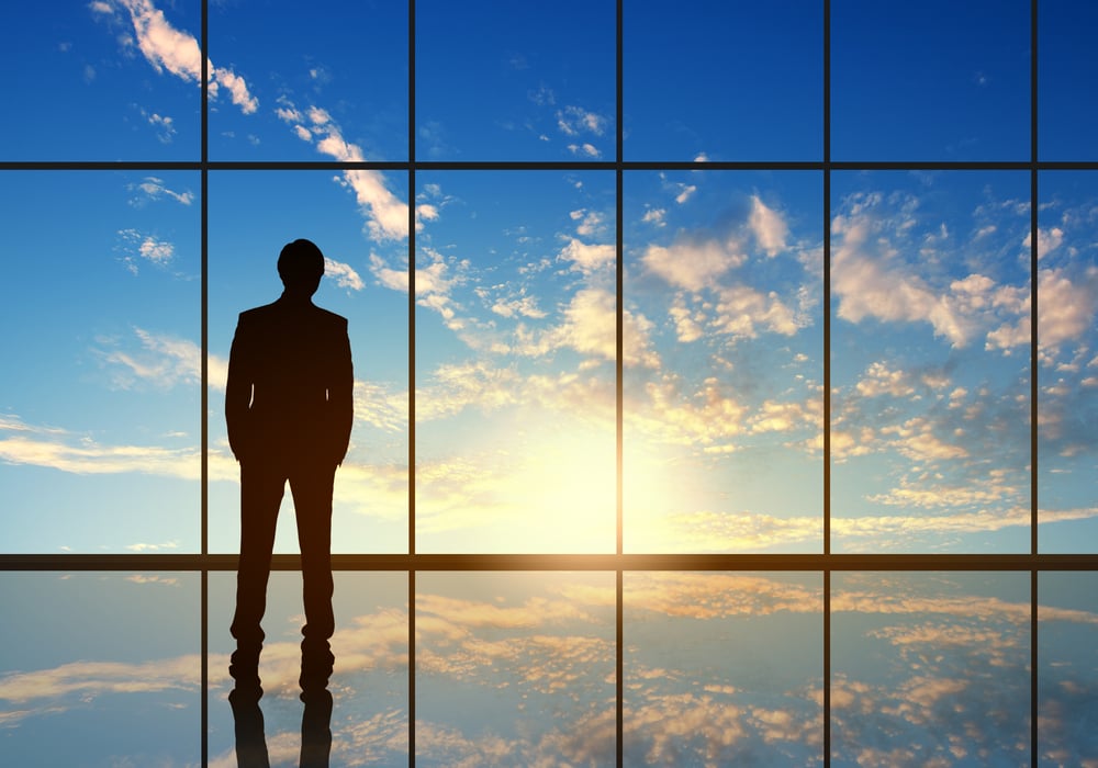 Silhouette of businessman against panoramic office window-1
