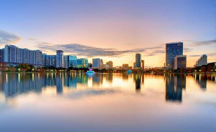 Skyline of Orlando, Florida from lake Eola.