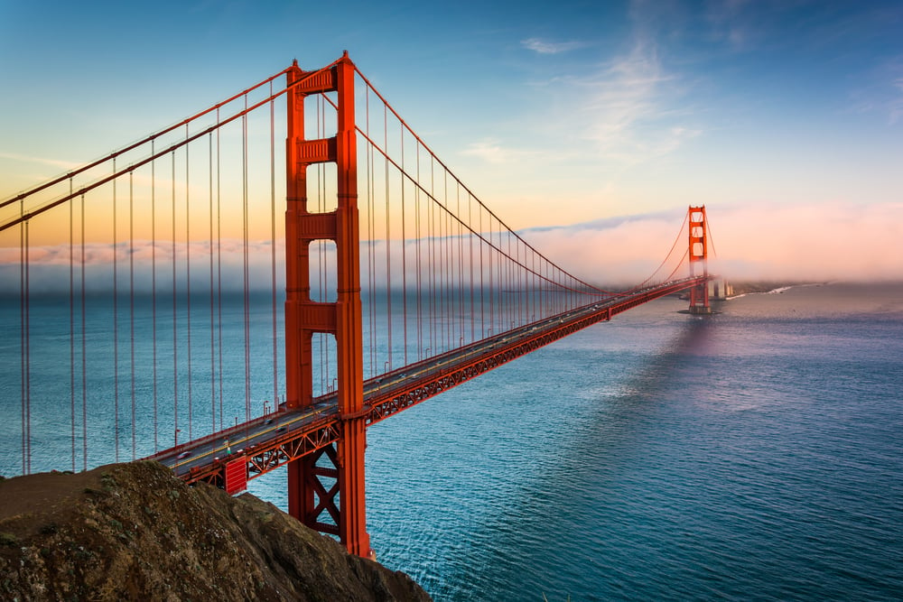 Sunset view of the Golden Gate Bridge and fog from Battery Spencer,  Golden Gate National Recreation Area, in San Francisco, California.-2