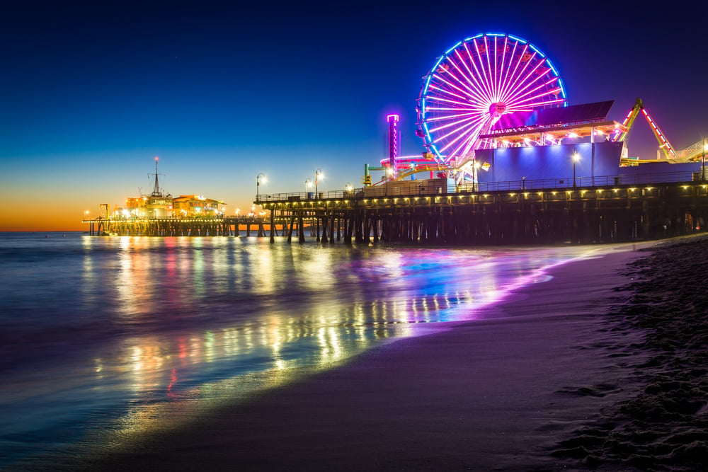 The Santa Monica Pier at night, in Santa Monica, California.