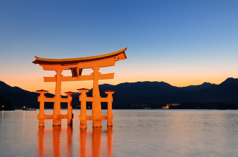 The otori gate which welcomes visitors to Miyajima, Japan.