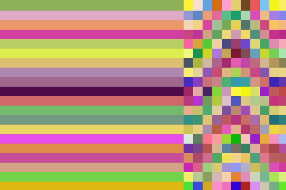 Two multicolored patterns in one abstract Parallel bars at left flush with narrower mosaic at right for concepts of duality and coexistence