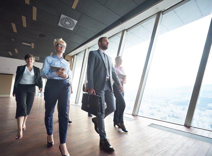 business team, businesspeople group walking at modern bright office interior