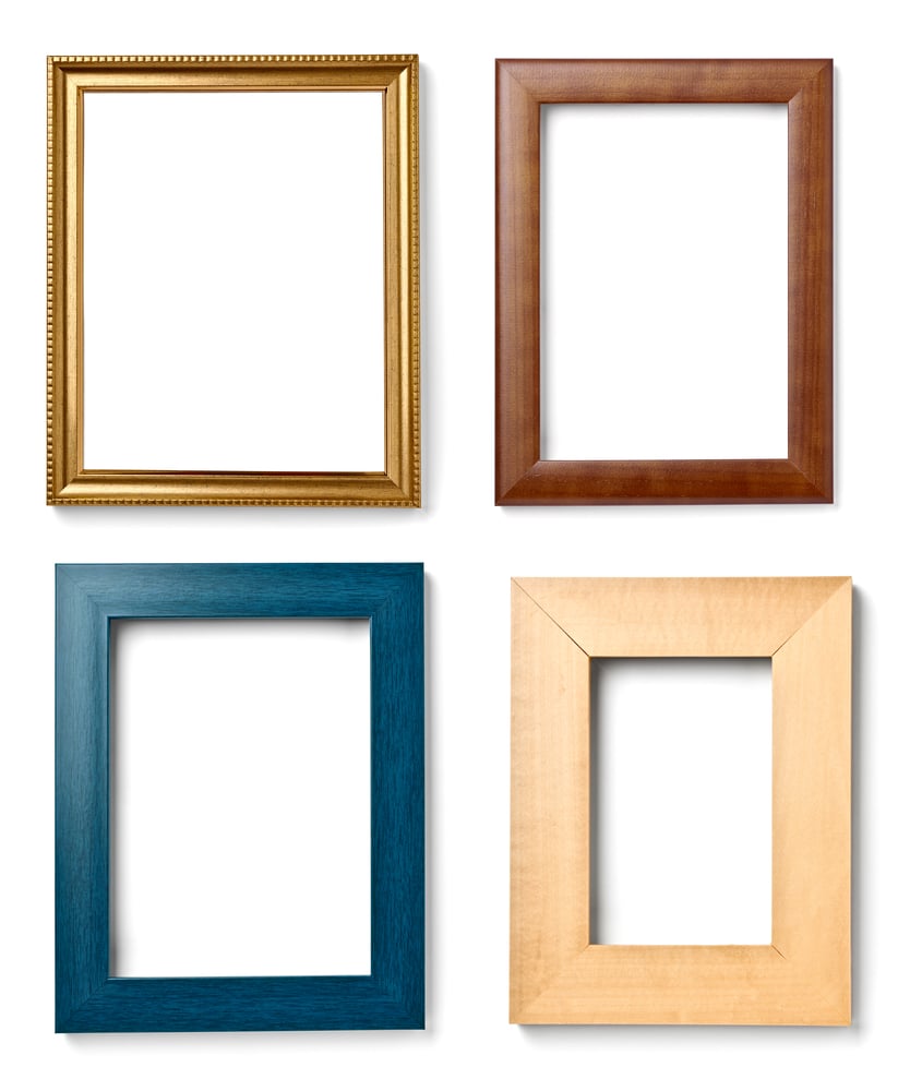 collection of various wooden frames for painting or picture on white background. each one is shot separately