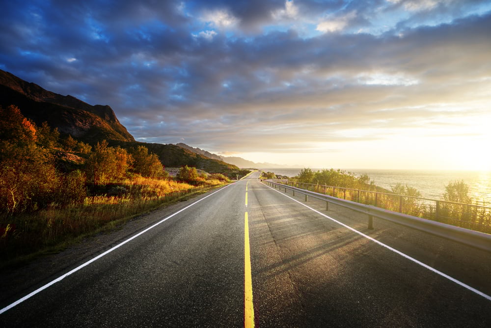 road by the sea in sunrise time, Lofoten island, Norway