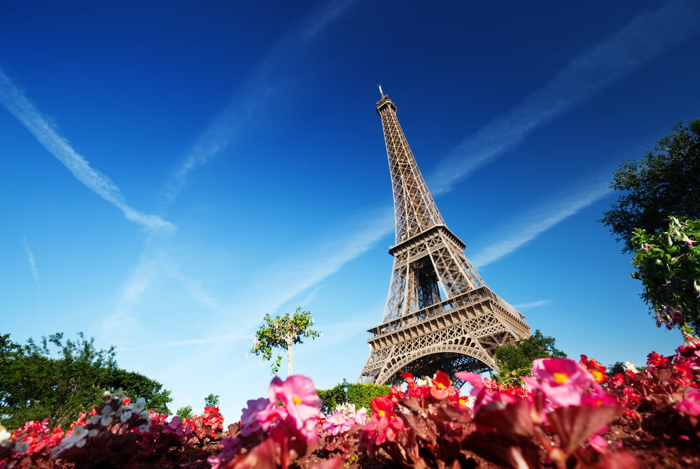 sunny morning and Eiffel Tower, Paris, France